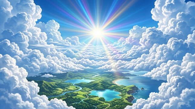 Beautiful Aerial View of Lush Green Landscape with Serene Lakes and Fluffy White Clouds