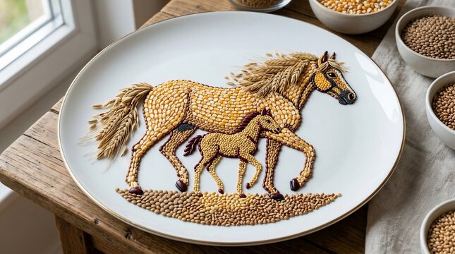 Horse and foal made of grains on decorative plate