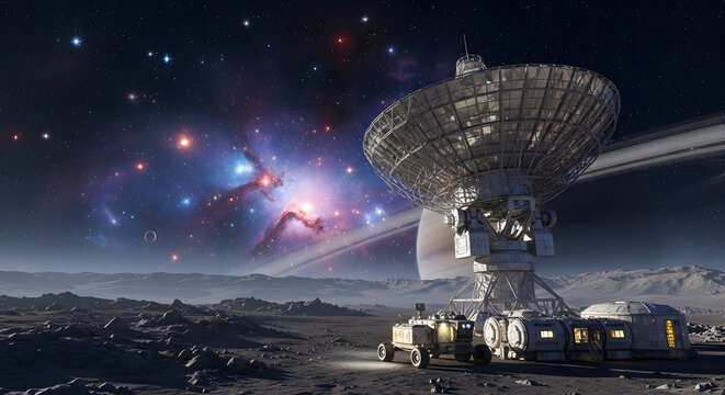 Large radio telescope and space station on a rocky moon surface. Futuristic rover exploring an alien landscape with a ringed planet and nebula in the sky. Sci-fi space exploration concept