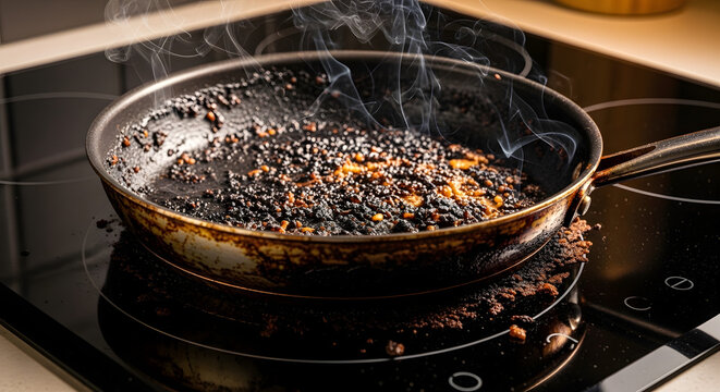 Burnt food smoking in a frying pan on a glass stovetop. Ruined meal and cooking disaster in a domestic kitchen. Fire hazard and culinary failure concept