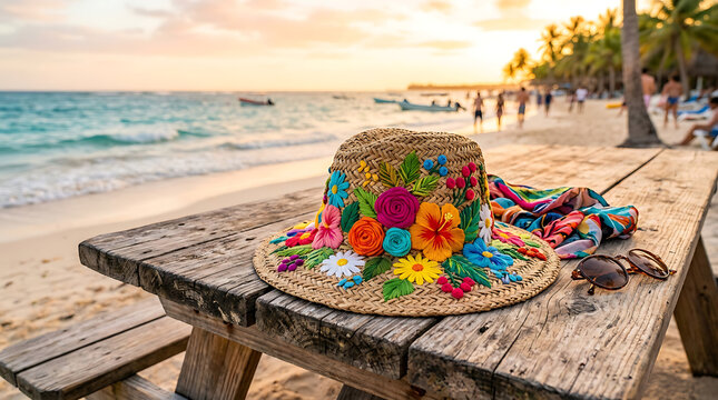 Decorated Straw Hat With Colorful Floral Embroidery Resting On A Wooden Picnic Table At The Beach During Sunset
