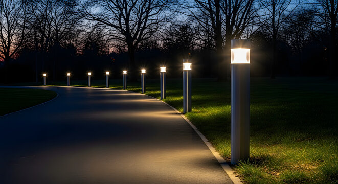 Illuminated paved pathway in a park at dusk. Modern cylindrical bollard lights glowing along a walkway. Evening landscape design