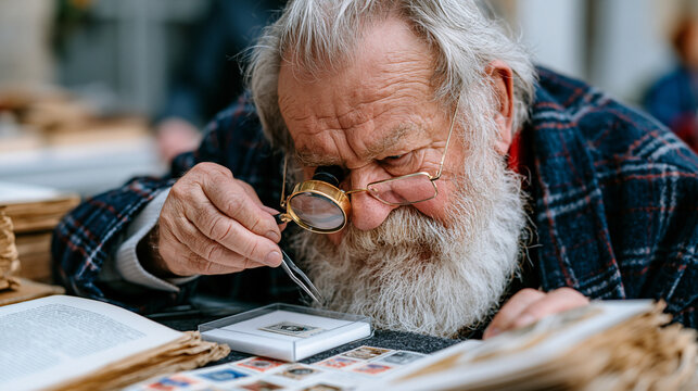 Elderly philatelist with magnifying loupe examines rare nineteenth-century inverted overprint stamp at antique dealer fair, tweezers hovering above acid-free mount tray while catalog reference books