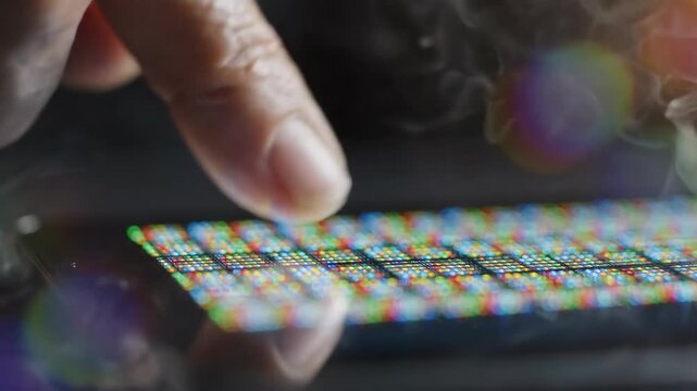 Microscopic View of Finger Touching Display Illuminating RGB Subpixels