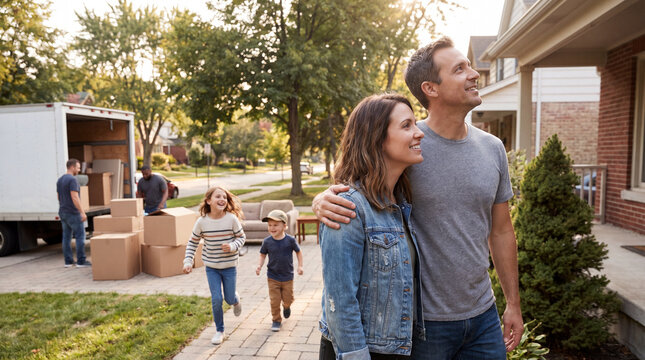 Happy family moving into new home, relocation, mortgage and home insurance concept