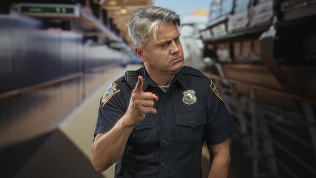 Police officer man pointing index finger to camera while showing badge and radio on uniform in building; stern warning authority.