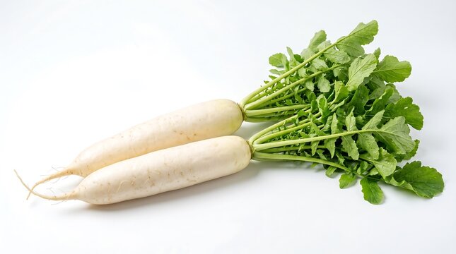 Two fresh daikon radishes with green leaves isolated on white background