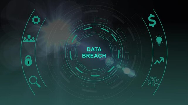Digital business and technology concept, virtual screen showing DATA BREACH. Circular hud interface,abstract blue technology network background.