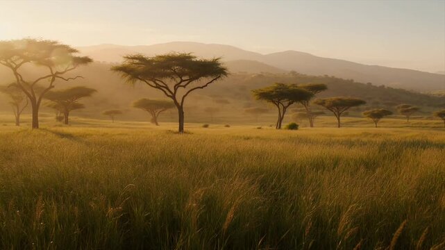 Serengeti savanna landscape nature sunrise golden grassland acacia tree valley unseen wonder peaceful wilderness scenery wildlife habitat tranquil scene African plain misty hill warm sunset over