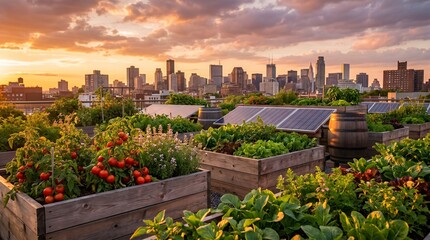 Fototapeta premium Rooftop Organic Vegetable Garden with Solar Panels and Water Barrels in City at Sunset