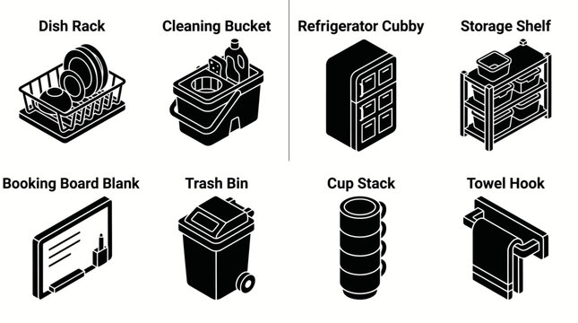 Eight household icons: dish rack, cleaning bucket, refrigerator cubby, storage shelf, booking board, trash bin, cup stack, towel hook