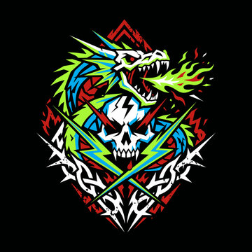 Dynamic dragon and skull artwork with electric lightning elements