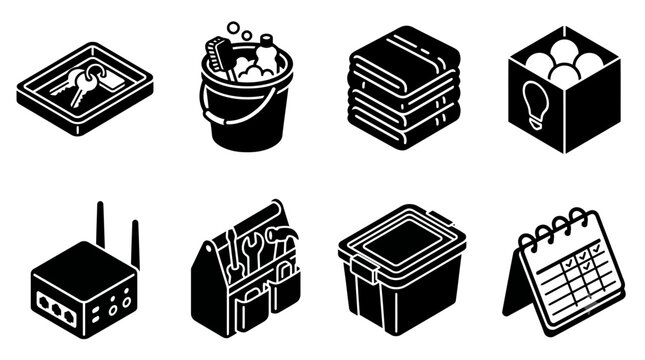 Isometric icons of household tools: keys, cleaning supplies, books, light bulbs, router, tool box, storage, calendar
