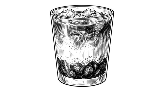  Iced strawberry matcha latte in a tall glass. Detailed monochrome vintage woodcut style cafe drink sketch vector illustration