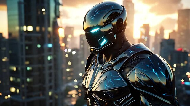 Advanced Armored Warrior Standing in a Futuristic Sunset City. 4K Video