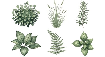 Naklejka premium Watercolor Green Botanical Plant Collection Set with Eucalyptus Grass Rosemary Fern Hosta and Basil on White Background