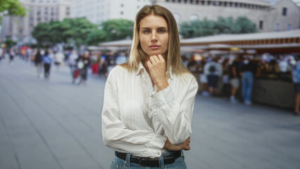 Fototapeta premium Woman with hand on chin and folded arm wearing white shirt in a crowded street market near stalls and buildings; quiet contemplation.