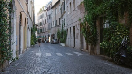 Fototapeta premium Narrow cobblestone lane seen defocused with soft bokeh and shallow focus, street; background copyspace backplate calm.