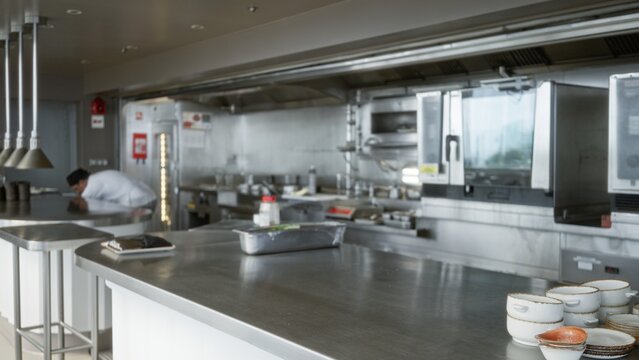 Commercial kitchen scene with shallow bokeh and soft defocused stainless steel counters and prep island, interior; background backdrop copyspace template calm.