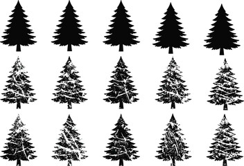 Fototapeta premium Set of pine tree silhouettes and snow-covered fir trees showing winter forest design variations for seasonal illustration use