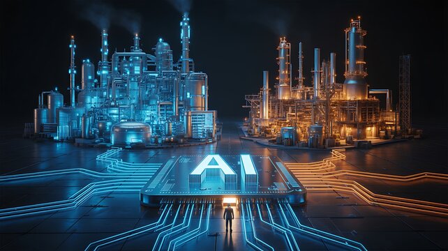 Industrial Plant 3d Digital Render with Glowing Blue and Orange Pipes, Futuristic Control Platform, and Night Factory Lights