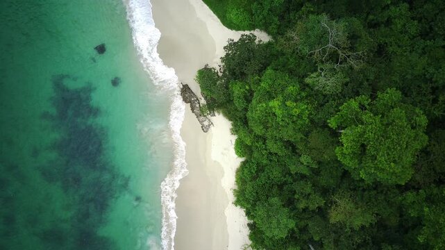 Aerial view of a pristine beach with lush greenery and turquoise waters in Teluk Ijo, Banyuwangi, East Java, Indonesia.