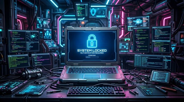 Futuristic laptop displaying blueprint code within secure locked workstation terminal
