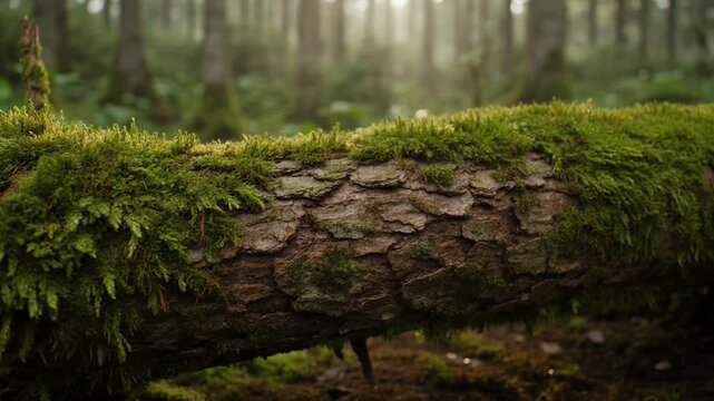 Moss forest log bark nature green woodland tree trunk texture soft moss covers fallen log in peaceful woodland nature scene with unseen details mossy damp forest floor texture and soft morning light