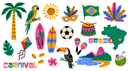 Obraz premium Flat vector collection of Brazil travel and cultural symbols. Colorful Brazilian icons featuring carnival mask, parrot, toucan, surfboard, flag, football, tropical plants and famous landmarks 