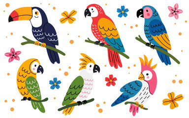 Obraz premium Cute flat vector collection of tropical parrots and exotic birds sitting on branches. Colorful bird set with flowers and decorative elements isolated on light background.