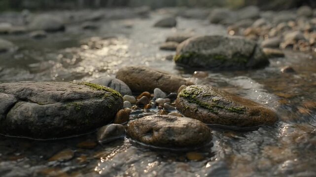 Nature river stone moss water stream pebble shore sunlight tranquil scene unseen beauty soft focus landscape peaceful unseen water stream shallow focus moss rock smooth pebble sunlight tranquil scene