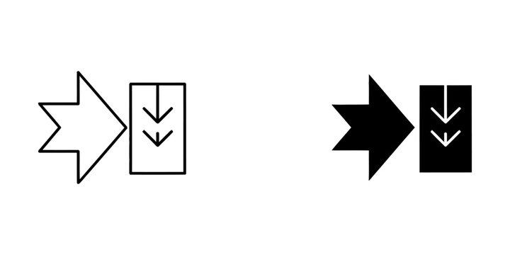 Arrow pointing into a rectangular box icon set with insertion direction interface business download movement navigation application