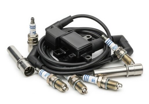 A collection of spark plugs and ignition coils for automotive use isolated on white background