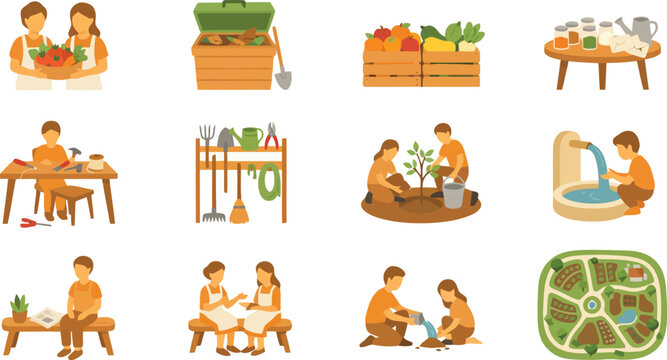 Community gardening and urban farming collection with people planting trees and harvesting vegetables in flat vector