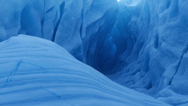 Silent blue glacier ice cave reveals unseen winter nature landscape, dramatic ice polar canyon and glacier crevasse, frozen tunnel adventure travel, natural texture cold environment unseen landscape