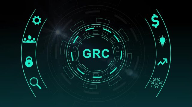 A business professional interacts with a digital GRC interface, highlighting governance, risk, and compliance in a modern office environment.