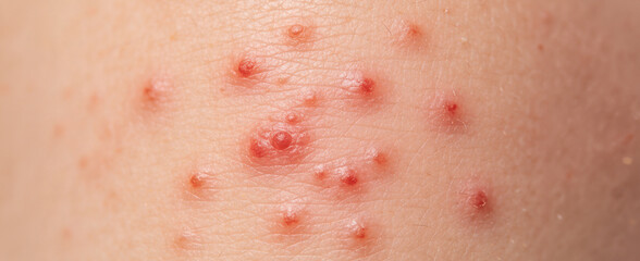 Fototapeta premium Close-up of measles rash with small red bumps on skin of child. Symptoms of viral infection and childhood disease. Dermatological condition and medical health concept for skin irritation.