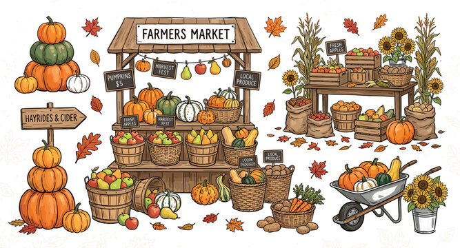 Autumn Farmers Market Wooden Stall Vector Set with Pumpkin Stacks Harvest Baskets Sunflowers Wheelbarrow Cornstalks and Fall Leaves for Thanksgiving Designsns