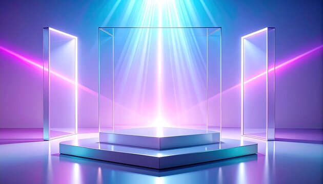 Ultra premium holographic product podium with pastel pink lavender and ice blue gradients, luxury 3D display stage background for high end cosmetics presentation