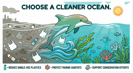 Environmental Awareness Poster Vector Featuring Clean Sea Versus Plastic Pollution and Dolphin Leaping Toward Healthy Underwater Coral Reef Marine Habitat © MdMonirul