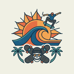 Fototapeta premium Retro skateboarder jumps over a wave with sun and skull graphic