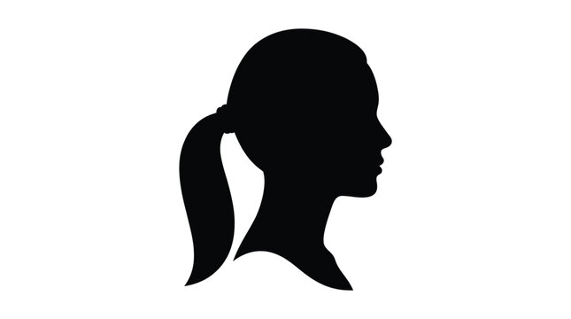 Minimalist vector graphic illustration of a young woman head profile silhouette with a ponytail hairstyle