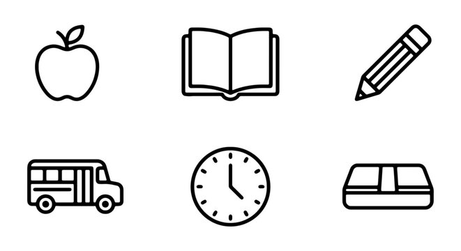 School Icons Set: Apple, Book, Pencil, Bus, Clock, Lunchbox, Education Vector Graphics