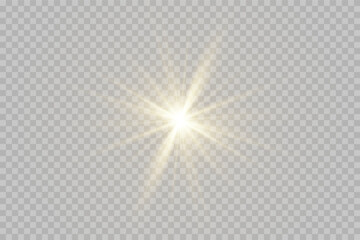 Fototapeta premium Bright yellow sun rays light glow starburst effect. Sunlight vector with sparkle effect and stadium spotlight flare. Abstract light transitions isolated on transparent background vector illustration.