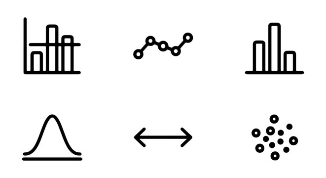Data Visualization Icons Set: Bar Charts, Line Graphs, Scatter Plot, Normal Distribution Curve, Statistics, Analytics Graphics
