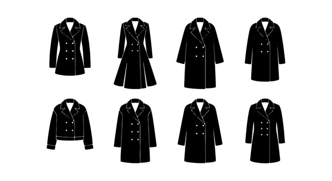Black Double-Breasted Coat Collection, Elegant Women's Outerwear Silhouettes, Fashion Apparel Vector Icons Set, Stylish Winter Clothing Graphics