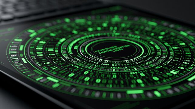 Glowing green digital circular interface with binary code patterns displayed on a modern laptop screen surface
