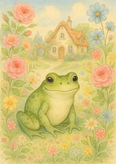 Naklejka premium Whimsical frog in floral garden