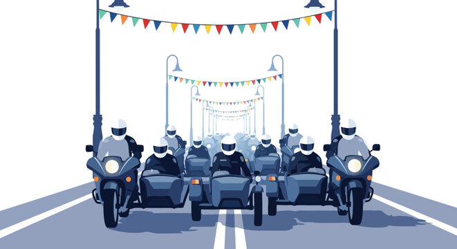 A group of motorcycles with sidecars driving on a road.