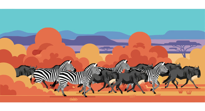 A herd of zebras and wildebeest running across the savanna.